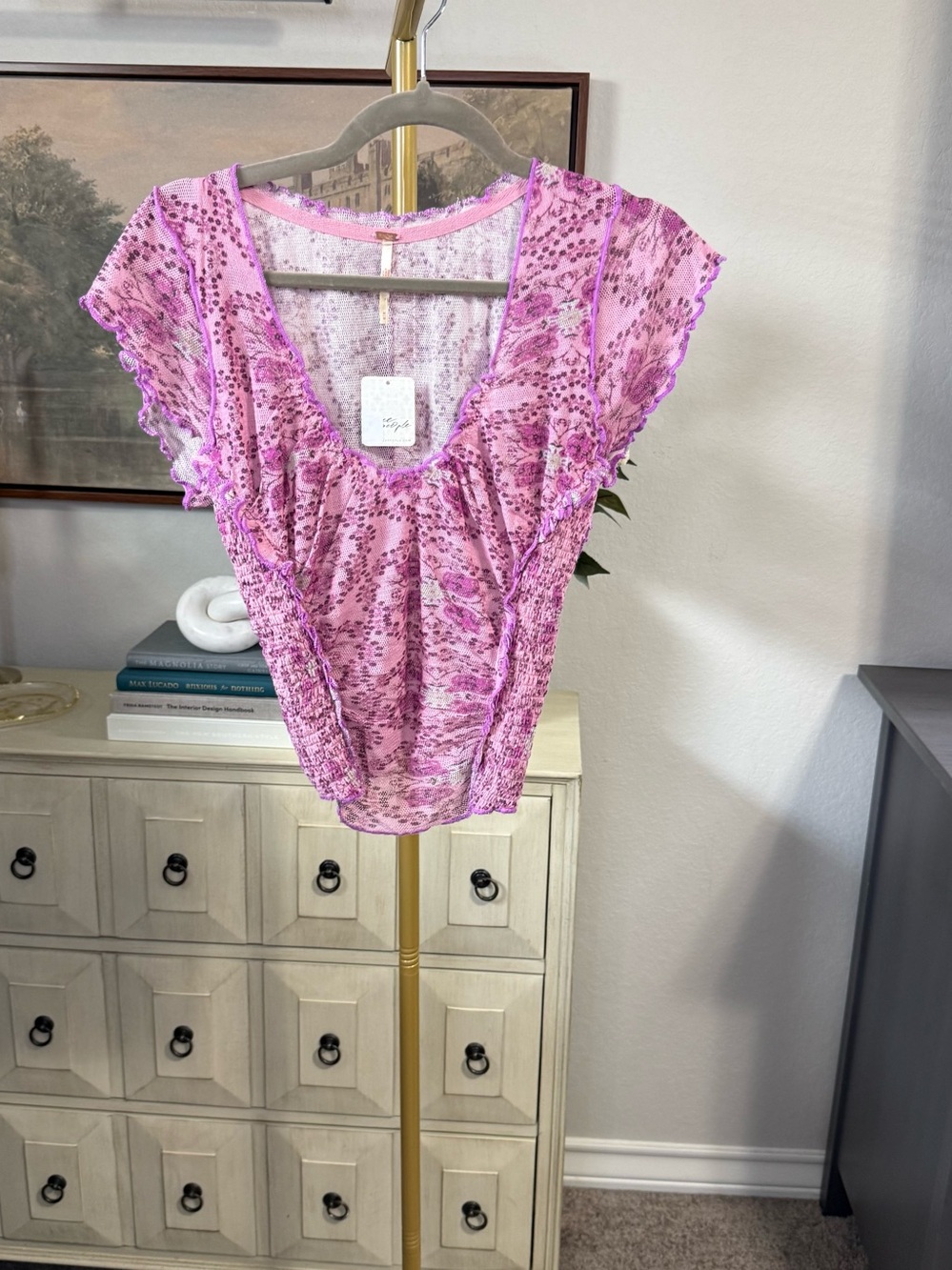 Free People Pink Floral Ruffle Sleeve Women's Top